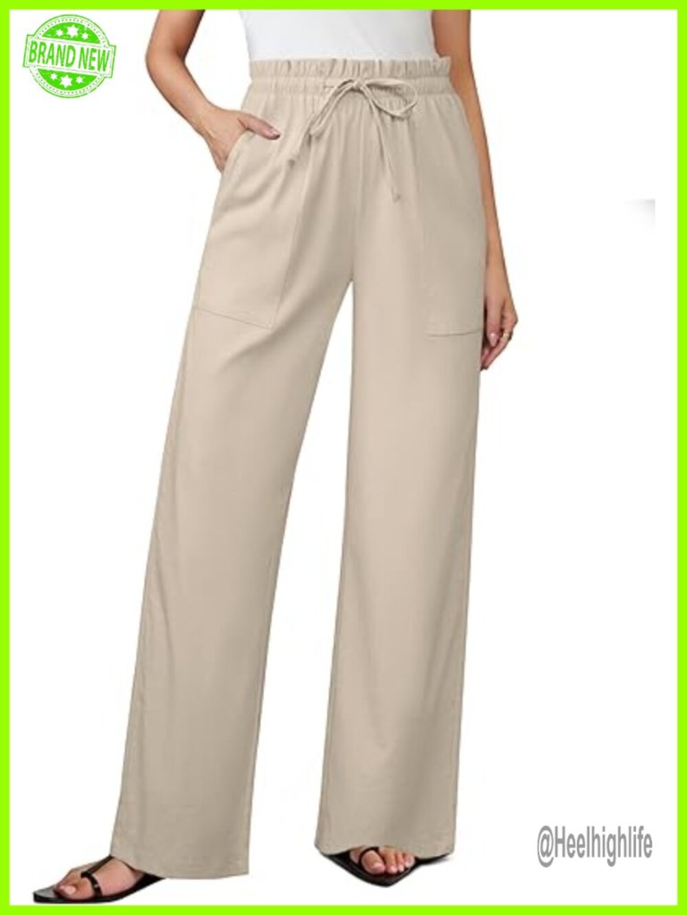 Linen Blend Wide Leg Pants, High Waisted Palazzo with Pockets Summer Drawstring